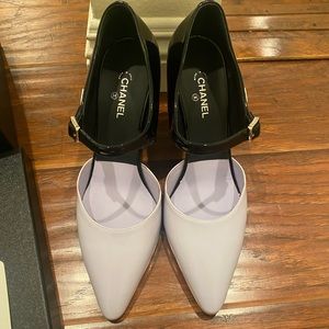 Chanel Light Purple/Black 20c Patent Leather Mary Jane Wedge Heel Sandals Pumps